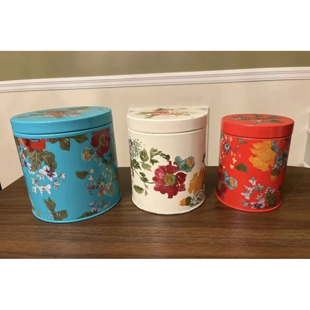 3 Pioneer Woman Metal Canisters Set with Lids Floral Design Retro Farmhouse Boho